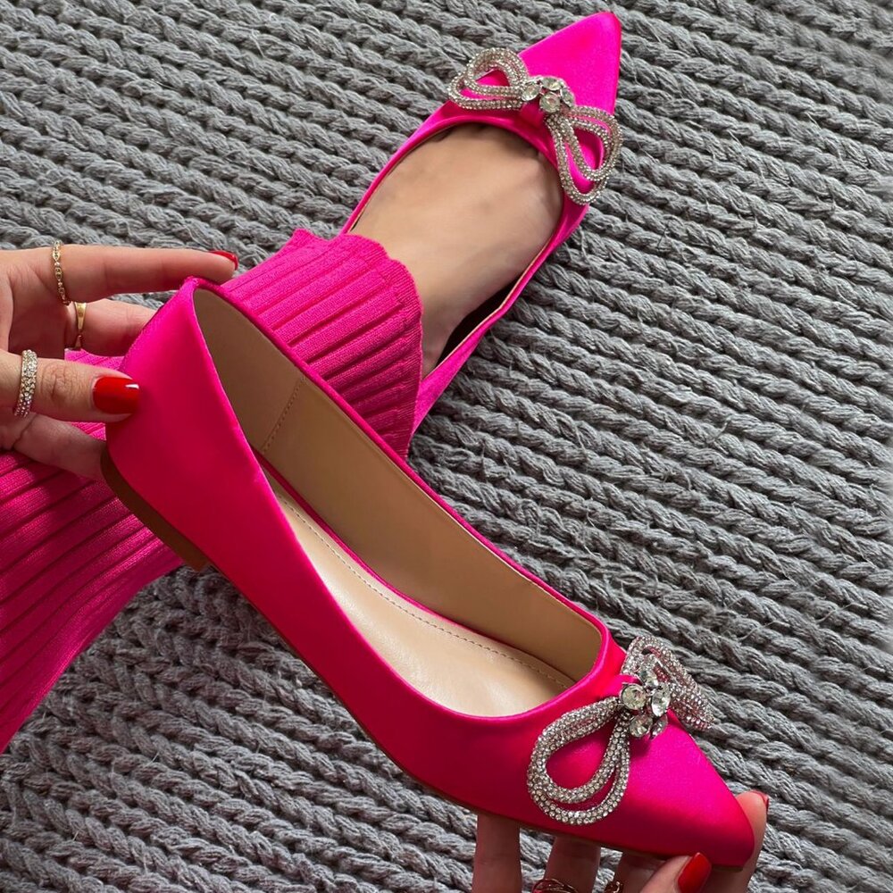 Crystal Bow Hot Pink Satin Pointed Flats